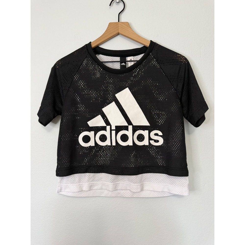 Adidas - Black and White Mesh Athletic Crop Top Boxy Fit Size Small Double Layer